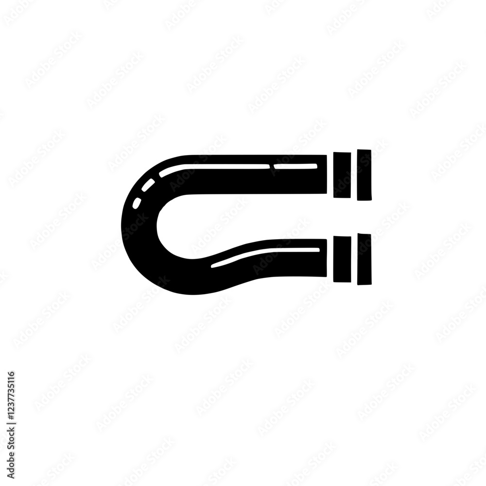 Magnet icon: An isolated, black and white illustration of a magnet with a simple and bold design. The magnet is drawn in a flat style with minimal details, making it perfect for use in icons, logos. Magnet icon: An isolated, black and white illustration of a magnet with a simple and bold design. The magnet is drawn in a flat style with minimal details, making it perfect for use in icons, logos.