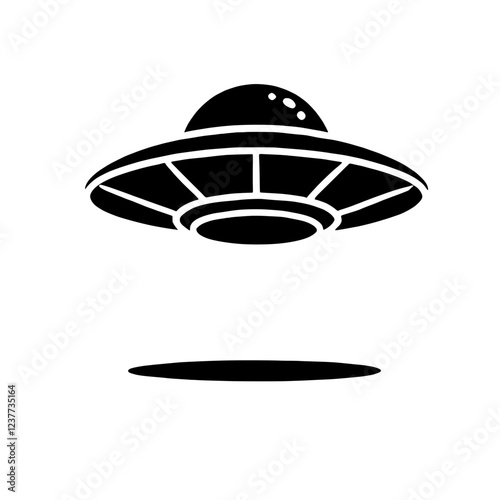 Unidentified Flying Object: A minimalist black and white illustration of a classic flying saucer hovering above the ground, ready for takeoff.  