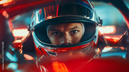 A race car driver is concentrating in a racing car, with the cockpit lights highlighting his serious face. AI generated images.