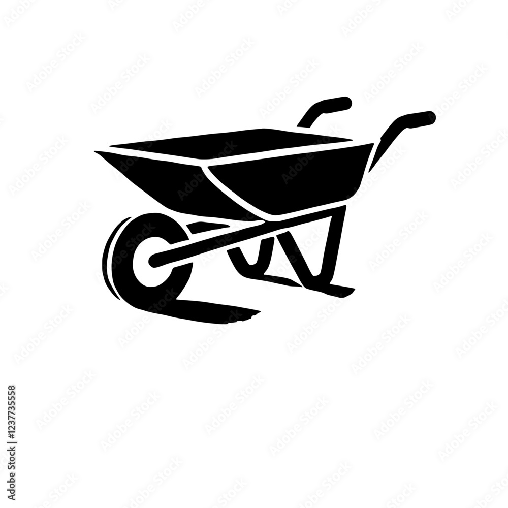 Wheelbarrow Icon: A classic, clean design depicting a simple, black wheelbarrow. A timeless symbol of labor, construction, gardening, and hard work. Wheelbarrow Icon: A classic, clean design depicting a simple, black wheelbarrow. A timeless symbol of labor, construction, gardening, and hard work.