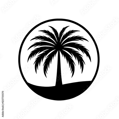 Palm Tree Silhouette: A stylized black and white illustration of a palm tree within a circular frame, evoking a sense of tropical serenity and minimalist design. 