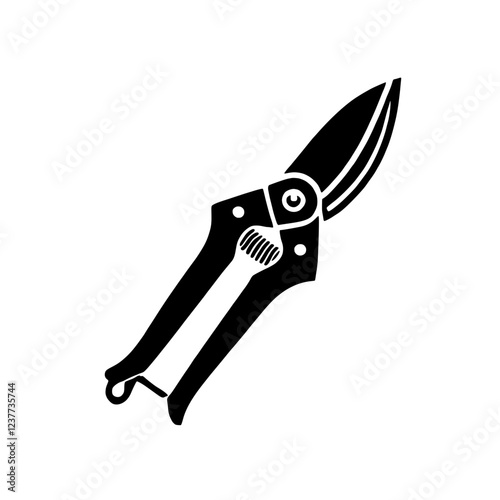 Gardening Tool Icon:  A black and white vector icon of a pair of gardening shears with a sharp blade and a spring mechanism for pruning and trimming plants. 