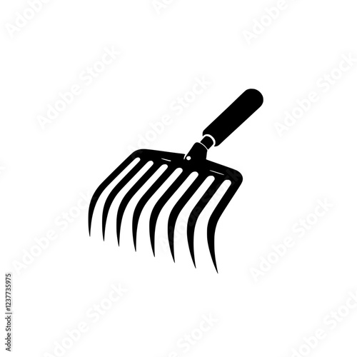 Gardening Hand Tool: A Simple, Black Silhouette of a Durable Garden Cultivator, Ideal for Aerating Soil and Removing Weeds.  