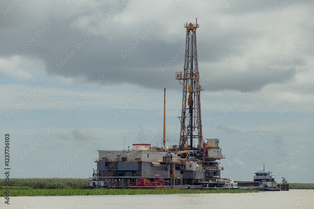 Drilling an Oil Well in the Mississippi River Delta, Plaquemines Parish, Louisiana, USA Drilling an Oil Well in the Mississippi River Delta, Plaquemines Parish, Louisiana, USA