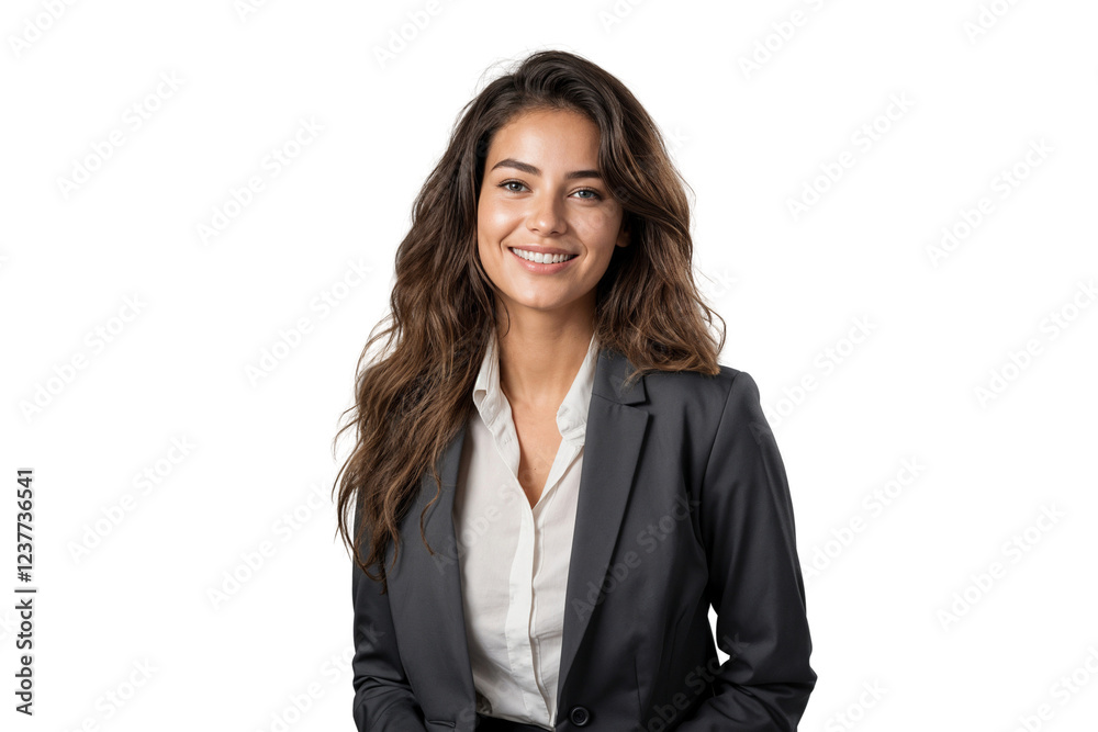 Smiling young businesswoman in suit with happy expression, isolated on white background Smiling young businesswoman in suit with happy expression, isolated on white background