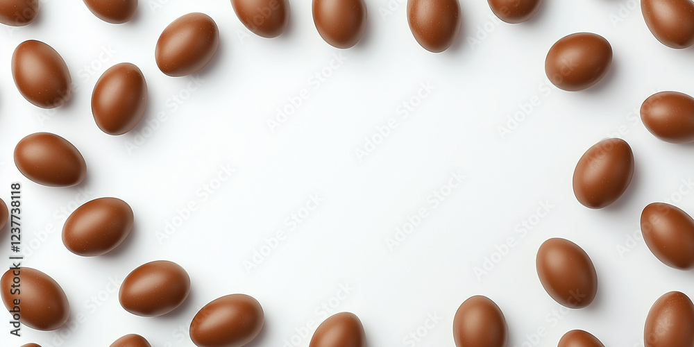 Fototapeta premium Draufsicht auf einen Osterrahmen aus Schokoladeneiern mit Platz für Text in der Mitte. Osterkarte - Werbebanner -Karte - Werbeschild