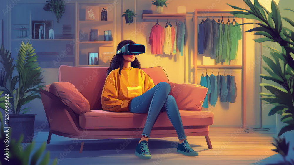 Obraz premium Young Woman Using Virtual Reality Headset At Home, Sitting on a Couch, Shopping Online via VR Clothing Store. Evening Resting at Apartment, Choosing New Look. Over the Shoulder