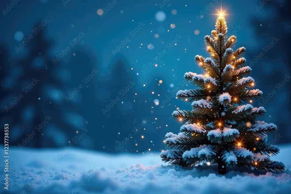 Obraz premium Snowflakes gently fall on a serene Christmas tree against a dark blue winter sky, festive, blue background