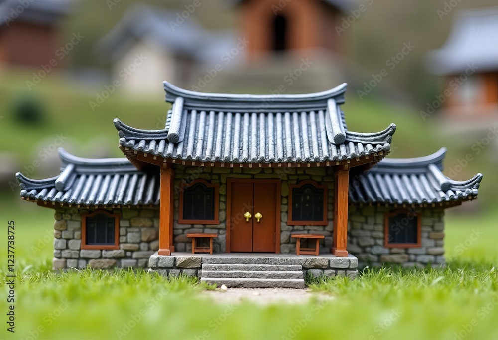 Miniature Asian style dwelling nestled in vibrant green grass, charmingly detailed