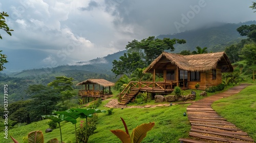 A lush green landscape with a cottage nestled in nature. AI generated illustration photo