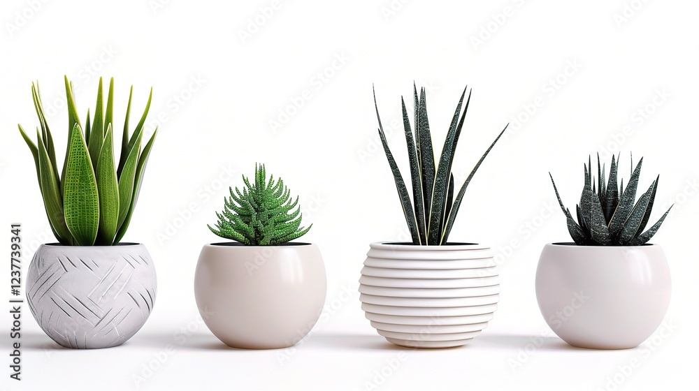 Modern indoor plant standing alone on a clean white background. A contemporary potted plant that brings a touch of greenery and freshness to an indoor space Modern indoor plant standing alone on a clean white background. A contemporary potted plant that brings a touch of greenery and freshness to an indoor space