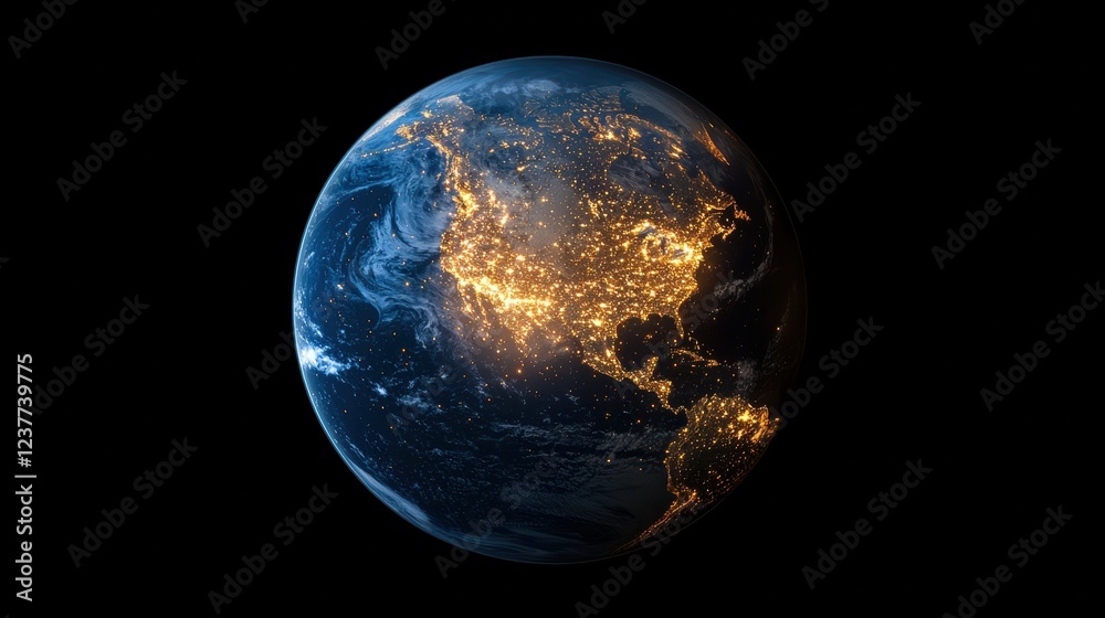 Fototapeta premium Global Globe Earth Globe with city lights at night, representing global urbanization and human activity