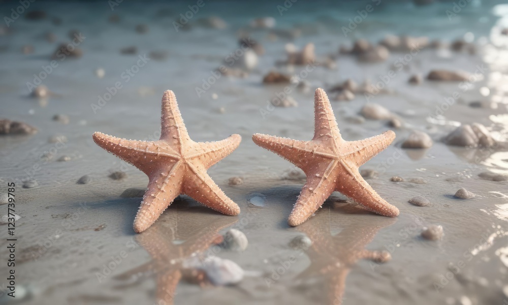 Softly glowing starfish in pastel hues scattered on a serene ocean floor, soothing tones, sea creatures , calming atmosphere Softly glowing starfish in pastel hues scattered on a serene ocean floor, soothing tones, sea creatures , calming atmosphere