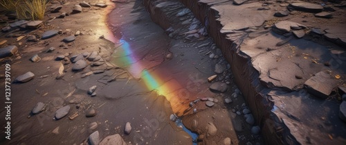 Softly glowing rainbow hues seep from a crack in the ground, abstract, leaks, nature
