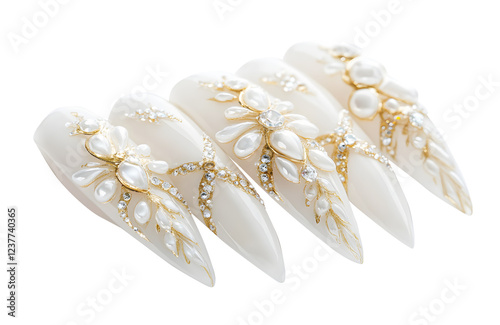 Artificial nails gel white for women crafted with art intricate details isolated on cut out PNG or transparent background. Design for cosmetics and fashion-themed visuals enhancing.