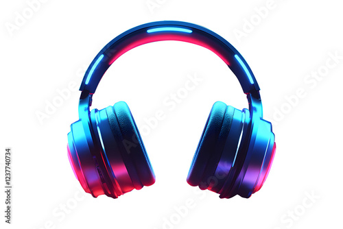 Futuristic holographic headphones with neon blue and red light equalizer isolated on cut out PNG or transparent background. Music technology, party flyer, internet radio, podcast banner live stream.