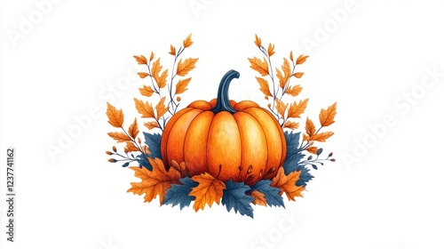Autumn pumpkin with leaves; fall harvest design