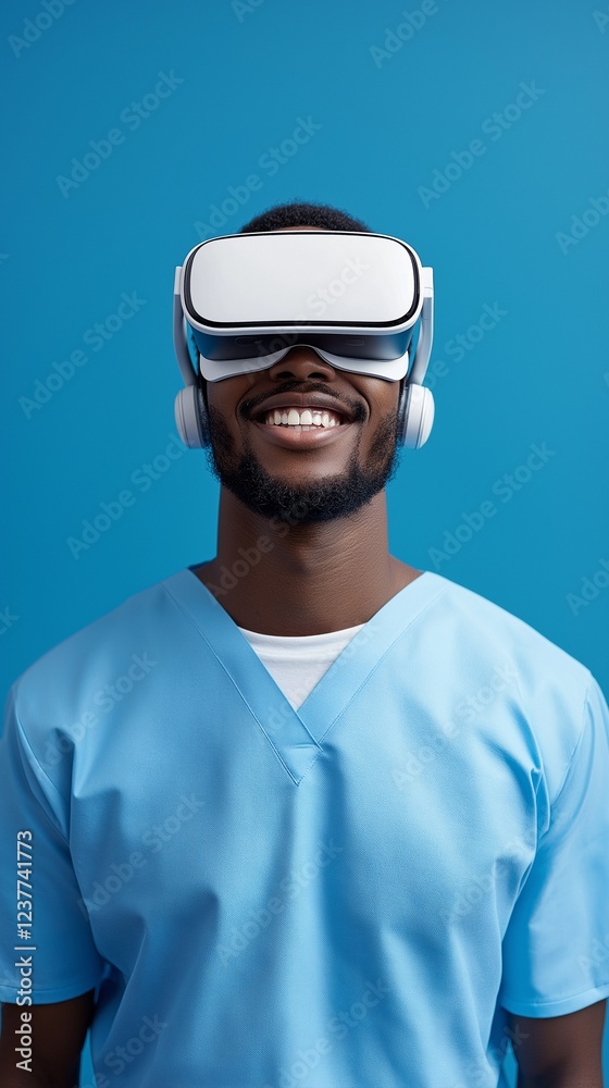Happy guy doctor with virtual reality glasses, isolated on a blue backdrop Happy guy doctor with virtual reality glasses, isolated on a blue backdrop
