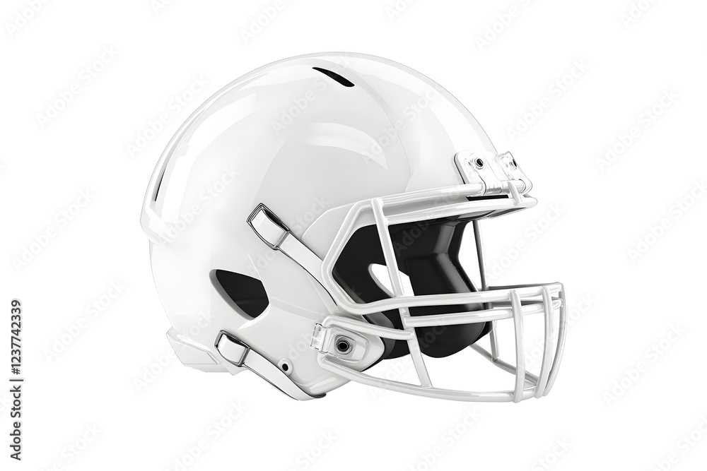 Fototapeta premium White American football helmet isolated on cut out PNG or transparent background. Perfect for themes related to sport football. Helmet features glossy finish, bold team colors, and sturdy faceguard. 