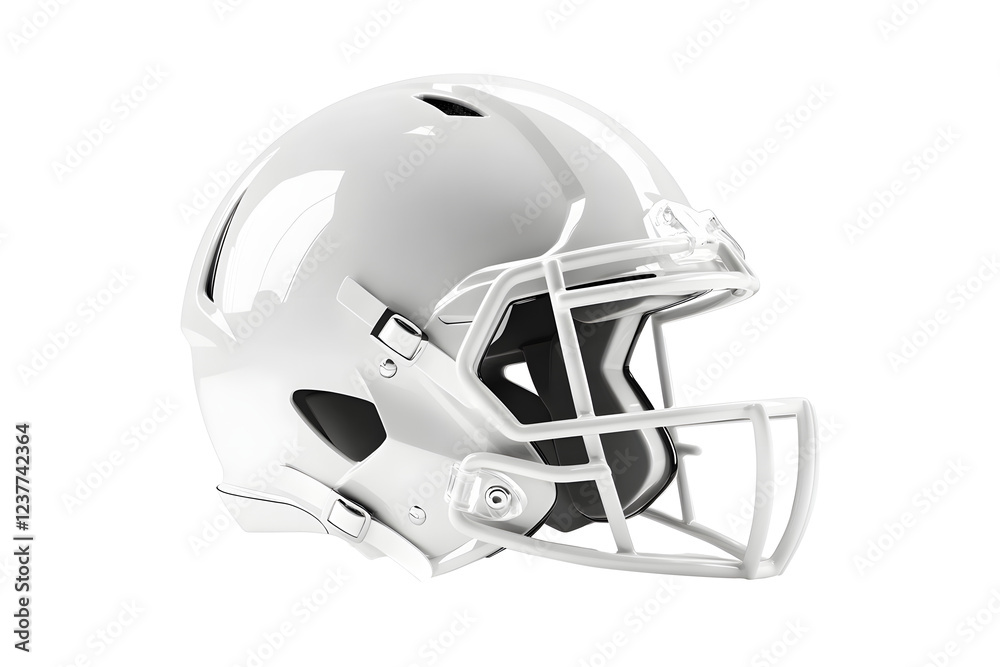 Fototapeta premium White American football helmet isolated on cut out PNG or transparent background. Perfect for themes related to sport football. Helmet features glossy finish, bold team colors, and sturdy faceguard.