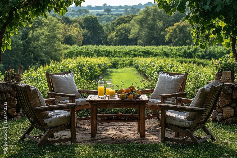 Wooden garden furniture set with four chairs, table, fruit, and drinks in a vibrant orchard, captured in natural light with a cheerful atmosphere. Wooden garden furniture set with four chairs, table, fruit, and drinks in a vibrant orchard, captured in natural light with a cheerful atmosphere.