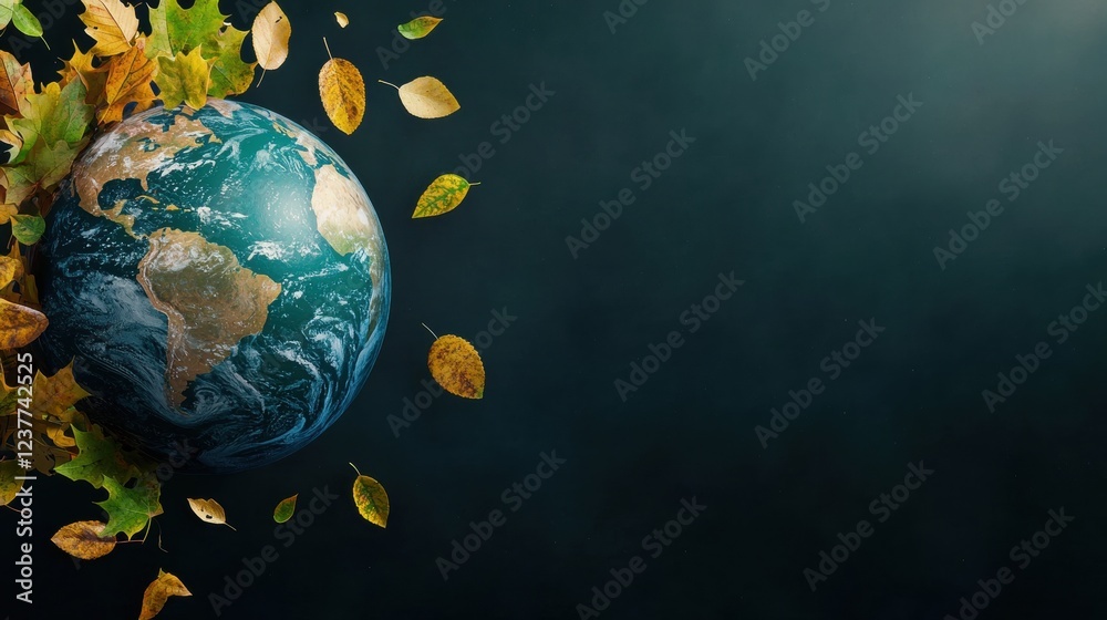 Obraz premium Sustainability Globe with Leaves Rotating globe with animated leaves swirling around it, dark background, visualizes the interconnectedness of nature and the planet