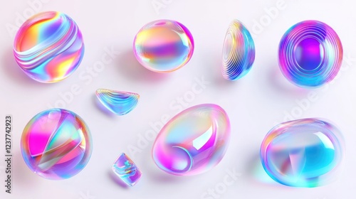 Collection of iridescent spheres and fragments