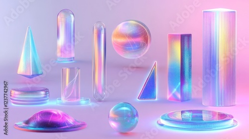 Iridescent geometric shapes on pastel background