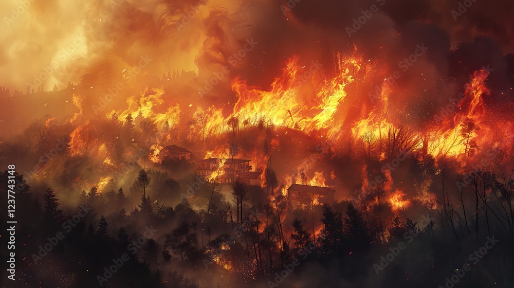 House on fire at night. Topics of arson and fires, disasters and extreme events. AI generated illustration House on fire at night. Topics of arson and fires, disasters and extreme events. AI generated illustration