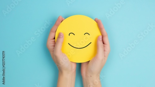 Hands holding a cheerful smiley face on a blue background