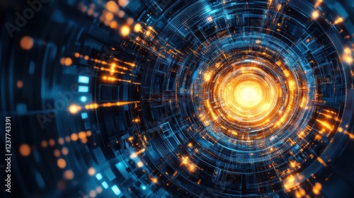 Abstract digital tunnel with glowing orange and blue concentric circles