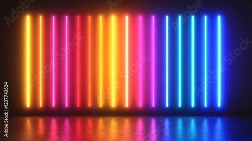 Colorful neon lights in a dark room, reflecting on the floor
