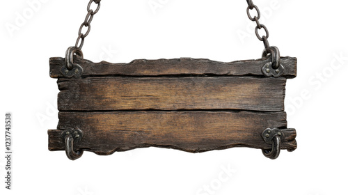 Old wooden sign hanging on chains with transparent background