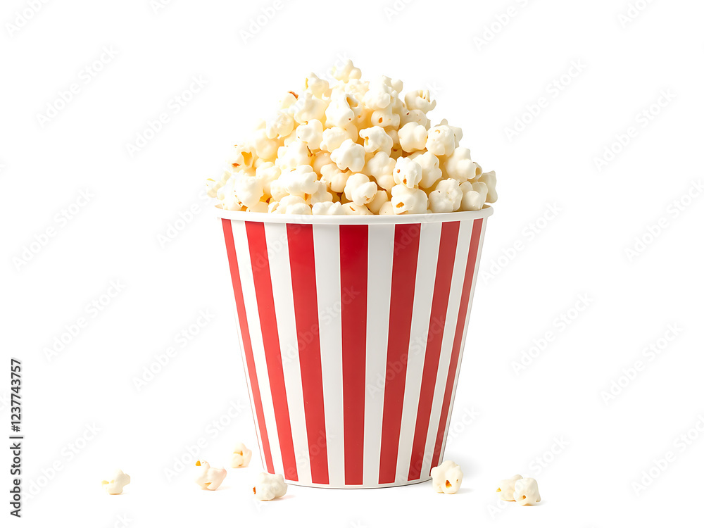 Popcorn in red and white striped bucket isolated on white background Popcorn in red and white striped bucket isolated on white background