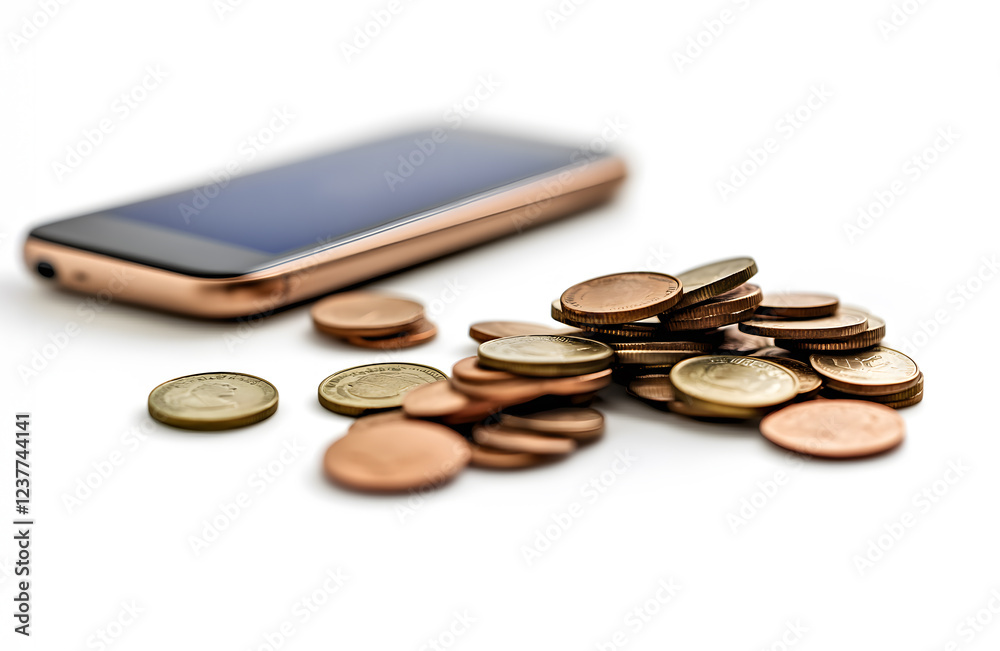 GeneratedSmartphone with stack of coins on side on white background with light and shadow. business finance concept shopping, e-commerce. How to make money online. Copy space for text. image GeneratedSmartphone with stack of coins on side on white background with light and shadow. business finance concept shopping, e-commerce. How to make money online. Copy space for text. image