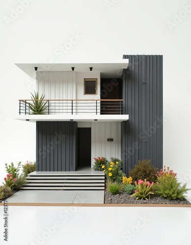 Miniature modernist house showcasing meticulous details and a vibrant garden setting