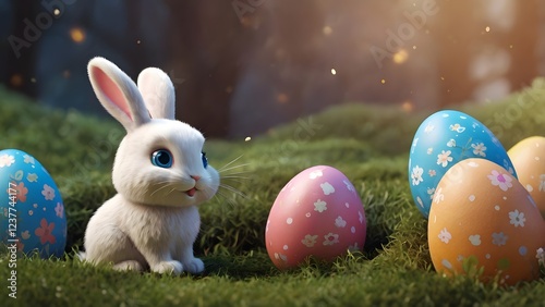 Bunnies and Painted Eggs on Easter Celebration