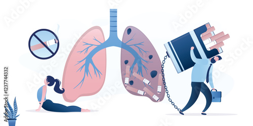 Young woman practices yoga for quitting smoking. Smoker man with cigarette pack and unhealthy lungs damaged by smoking. World no tobacco day. Smoking is harmful to human organs