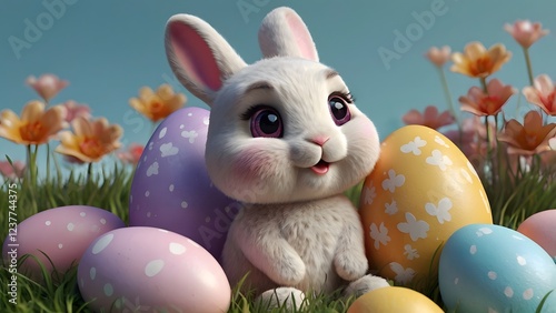 Bunnies and Painted Eggs on Easter Celebration