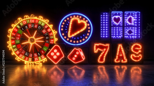 Wallpaper Mural Casino neon signboards for poker or gambling game and slot machine. Vector neon light line signs of golden coins, horseshoe or wheel of fortune and dice with playing cards for online casino design Torontodigital.ca
