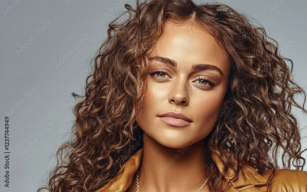 Young woman with curly hair posed confidently in a studio setting with neutral background Young woman with curly hair posed confidently in a studio setting with neutral background