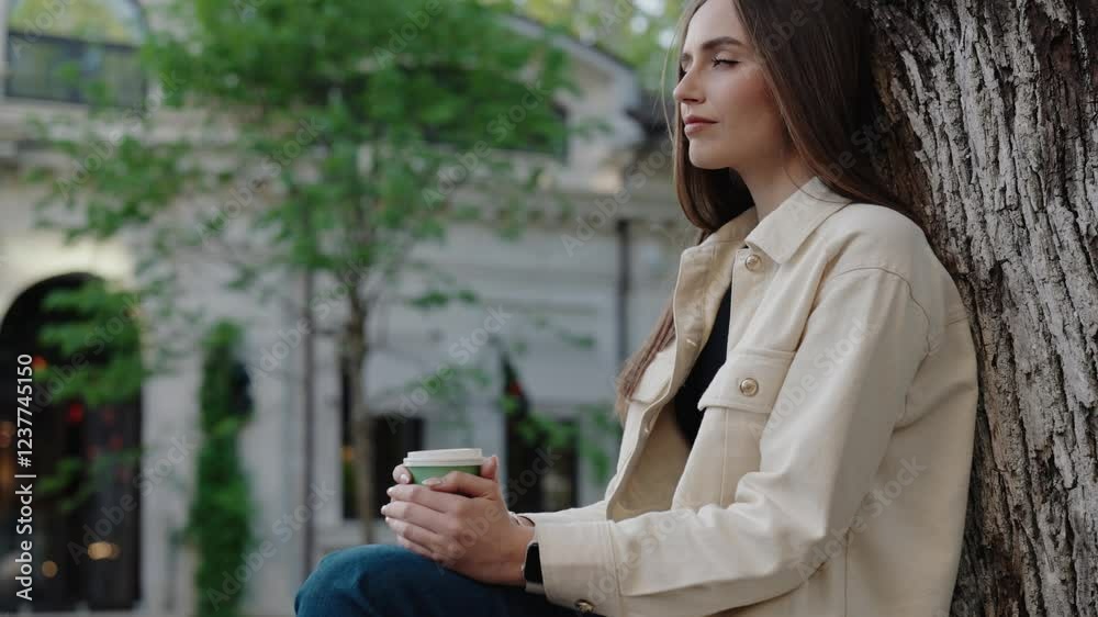 Woman Relaxing Outdoors with Coffee, Leaning Against a Tree. A woman enjoying a peaceful moment outdoors, sitting against a tree with her coffee in hand. Natural and relaxing scene. Woman Relaxing Outdoors with Coffee, Leaning Against a Tree. A woman enjoying a peaceful moment outdoors, sitting against a tree with her coffee in hand. Natural and relaxing scene.
