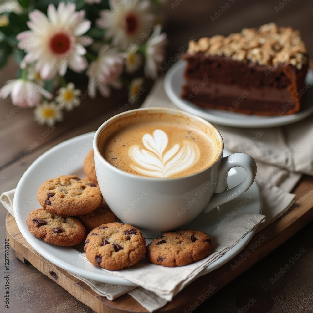 A warm cup of coffee with a beautiful latte art sits on a plate next to freshly baked chocolate chip cookies and a slice of rich chocolate cake, surrounded by blooming flowers. A warm cup of coffee with a beautiful latte art sits on a plate next to freshly baked chocolate chip cookies and a slice of rich chocolate cake, surrounded by blooming flowers.