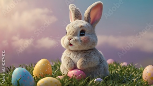 Bunnies and Painted Eggs on Easter Celebration