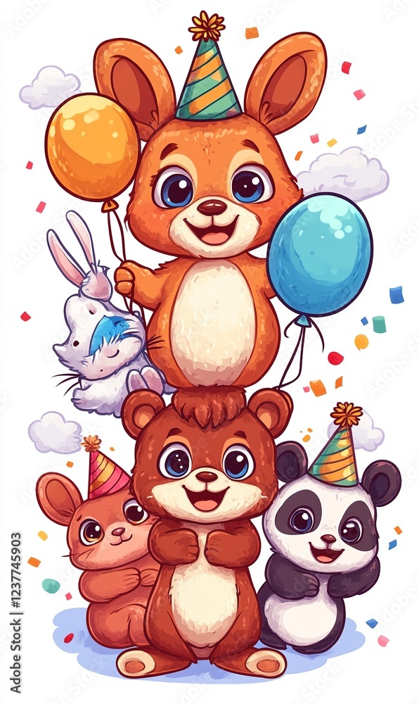 Naklejka premium Cute Animals Birthday Party Celebration