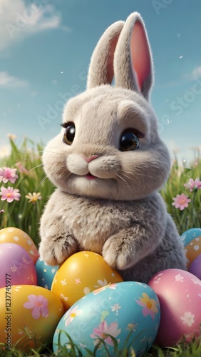Bunnies and Painted Eggs on Easter Celebration