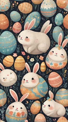 Bunnies and Painted Eggs on Easter Celebration