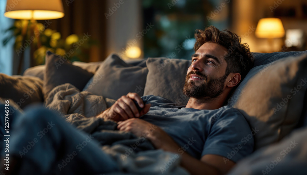 Man Relaxing on Comfortable Couch at Night Man Relaxing on Comfortable Couch at Night