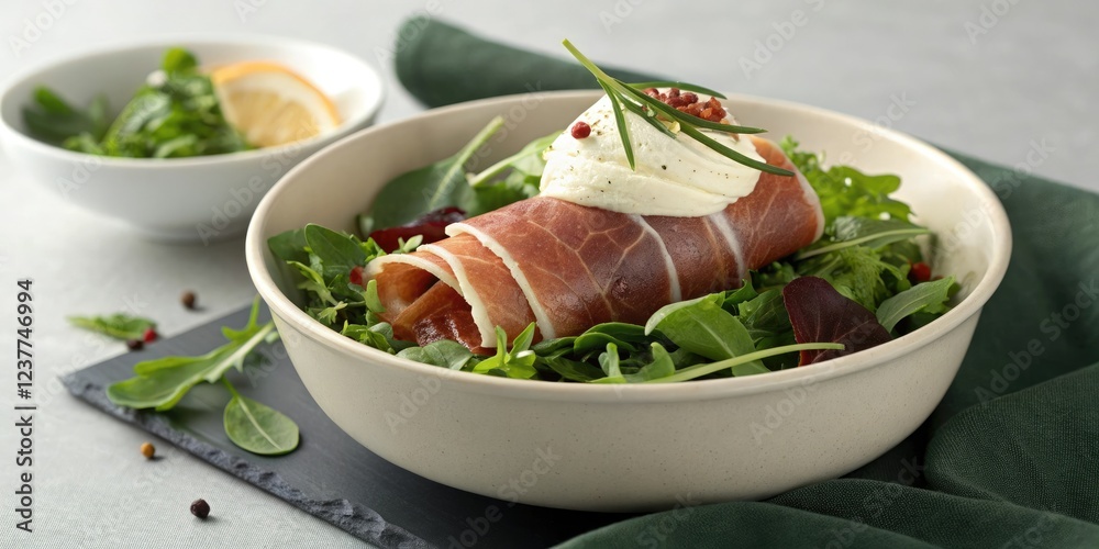 Prosciutto-wrapped cream cheese on a bed of mixed greens in a small bowl, creamy cheese filling, simple yet satisfying meal, healthy snack option Prosciutto-wrapped cream cheese on a bed of mixed greens in a small bowl, creamy cheese filling, simple yet satisfying meal, healthy snack option