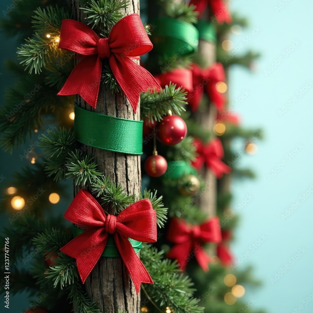 Red and green ribbons wrapped around a tree trunk, wraps, holiday Red and green ribbons wrapped around a tree trunk, wraps, holiday